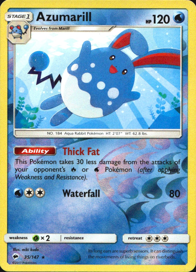 Azumarill 35/147 Rare Burning Shadows Pokemon Reverse Holo Near Mint