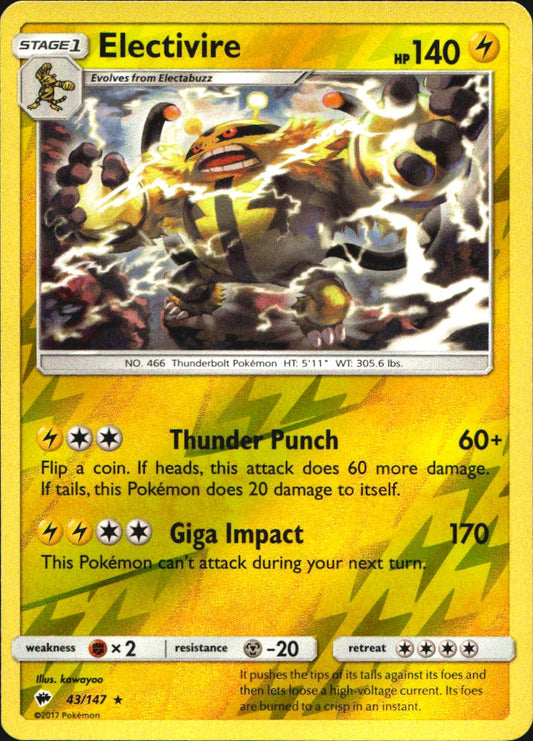 Electivire 43/147 Rare Burning Shadows Pokemon Reverse Holo Near Mint