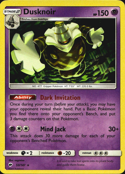 Dusknoir 53/147 Holo Rare Burning Shadows Pokemon Near Mint