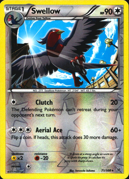 Swellow 71/108 Rare Roaring Skies Pokemon Reverse Holo Near Mint