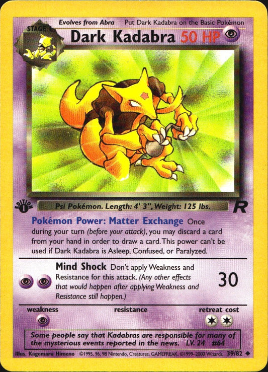 Dark Kadabra 39/82 Uncommon Team Rocket Pokemon 1st Edition Near Mint