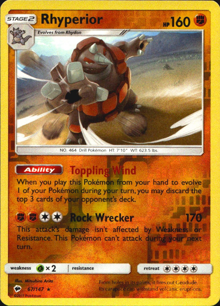Rhyperior 67/147 Holo Rare Burning Shadows Pokemon Reverse Holo Near Mint