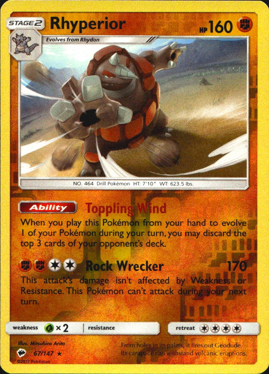 Rhyperior 67/147 Holo Rare Burning Shadows Pokemon Reverse Holo Near Mint