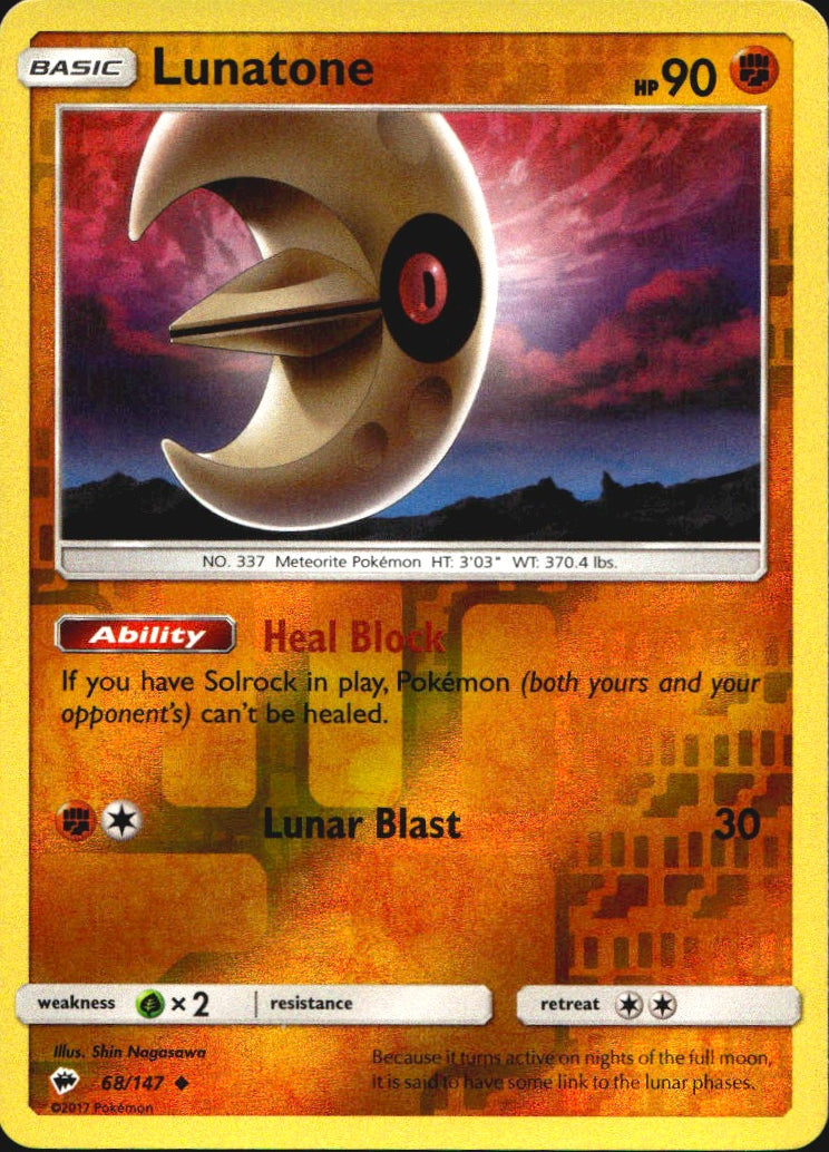 Lunatone 68/147 Uncommon Burning Shadows Pokemon Reverse Holo Near Mint