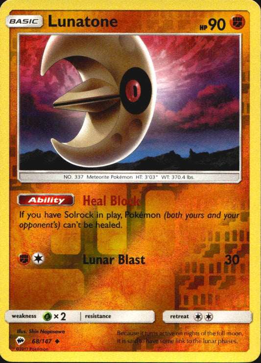 Lunatone 68/147 Uncommon Burning Shadows Pokemon Reverse Holo Near Mint