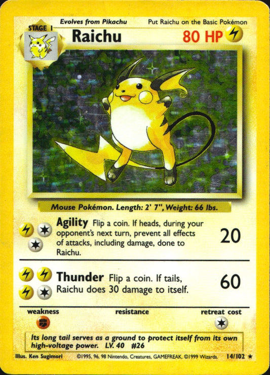 Raichu 14/102 Holo Rare Base Set Unlimited Pokemon Heavily Played