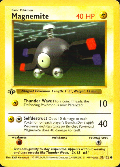 Magnemite 53/102 Common Base Set Shadowless Pokemon 1st Edition MP