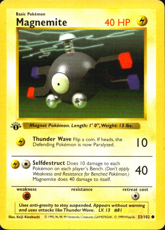 Magnemite 53/102 Common Base Set Shadowless Pokemon 1st Edition MP