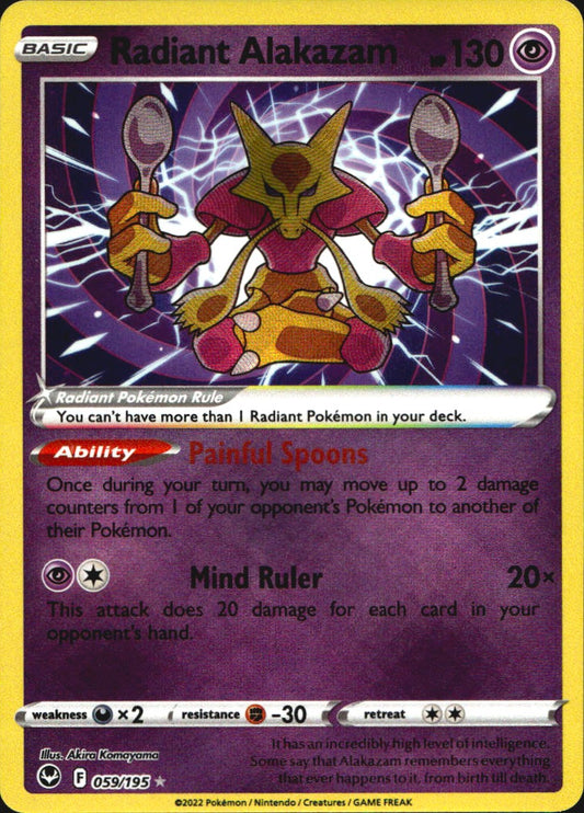 Radiant Alakazam 059/195 Radiant Rare Silver Tempest Pokemon Near Mint