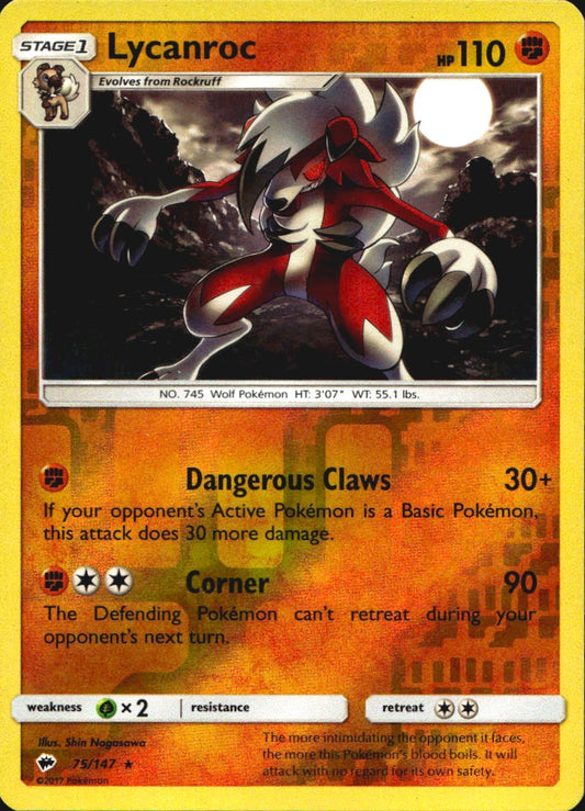 Lycanroc 75/147 Holo Rare Burning Shadows Pokemon Reverse Holo Near Mint