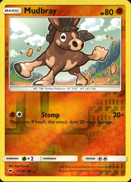 Mudbray 77/147 Common Burning Shadows Pokemon Reverse Holo Near Mint