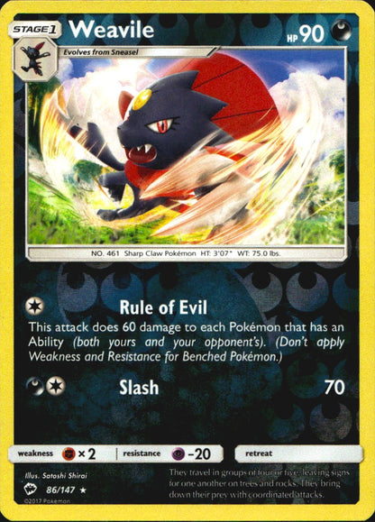 Weavile 86/147 Rare Burning Shadows Pokemon Reverse Holo Near Mint