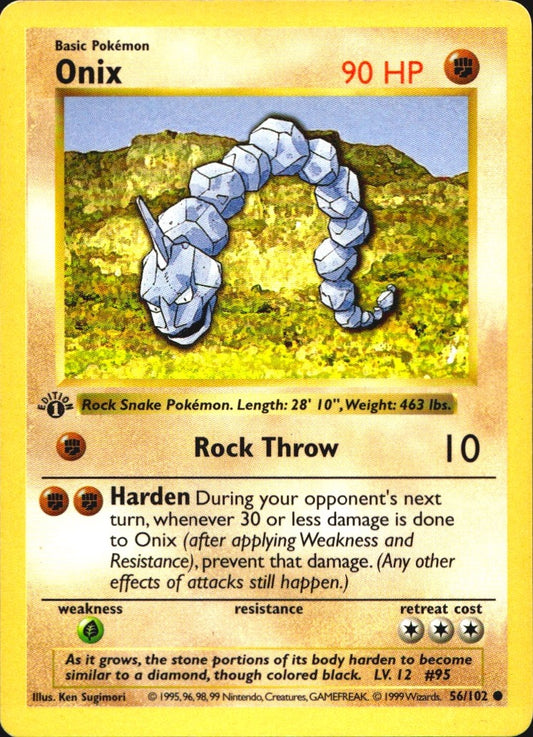 Onix 56/102 Common Base Set Shadowless Pokemon 1st Edition Near Mint