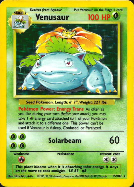 Venusaur 15/102 Holo Rare Base Set Unlimited Pokemon Lightly Played
