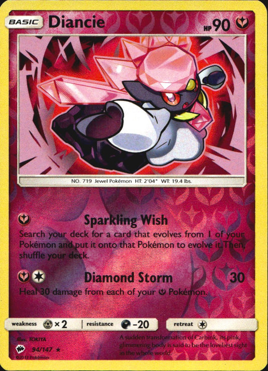 Diancie 94/147 Holo Rare Burning Shadows Pokemon Reverse Holo Near Mint