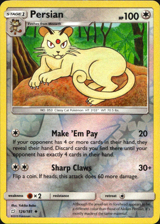 Persian 126/181 Uncommon Team Up Pokemon Reverse Holo Near Mint