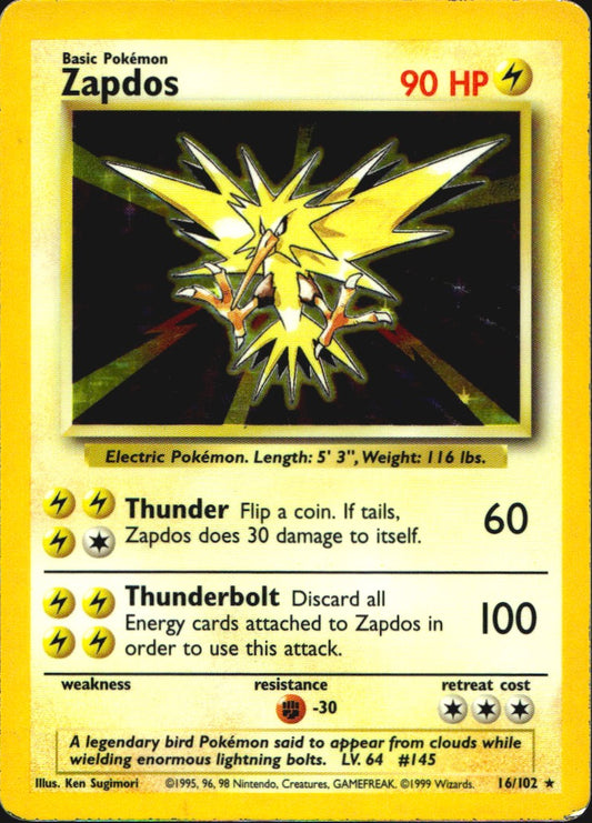 Zapdos 16/102 Holo Rare Base Set Unlimited Pokemon Heavily Played