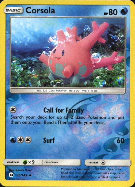 Corsola 36/149 Uncommon Sun & Moon Pokemon Reverse Holo Near Mint
