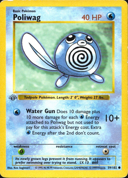 Poliwag 59/102 Common Base Set Shadowless Pokemon 1st Edition Moderately Played
