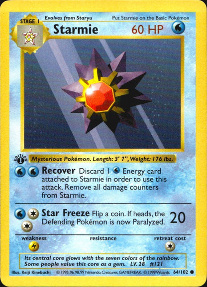Starmie 64/102 Common Base Set Shadowless Pokemon 1st Edition Near Mint