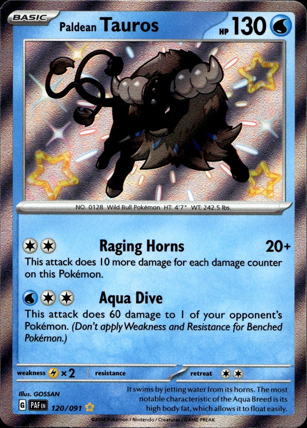 Paldean Tauros 120/091 Shiny Rare Paldean Fates Pokemon Near Mint