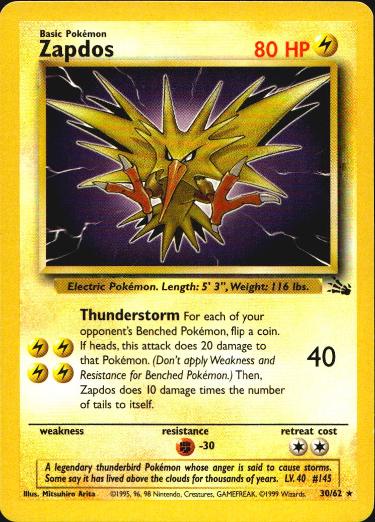 Zapdos 30/62 Rare Fossil Pokemon Near Mint