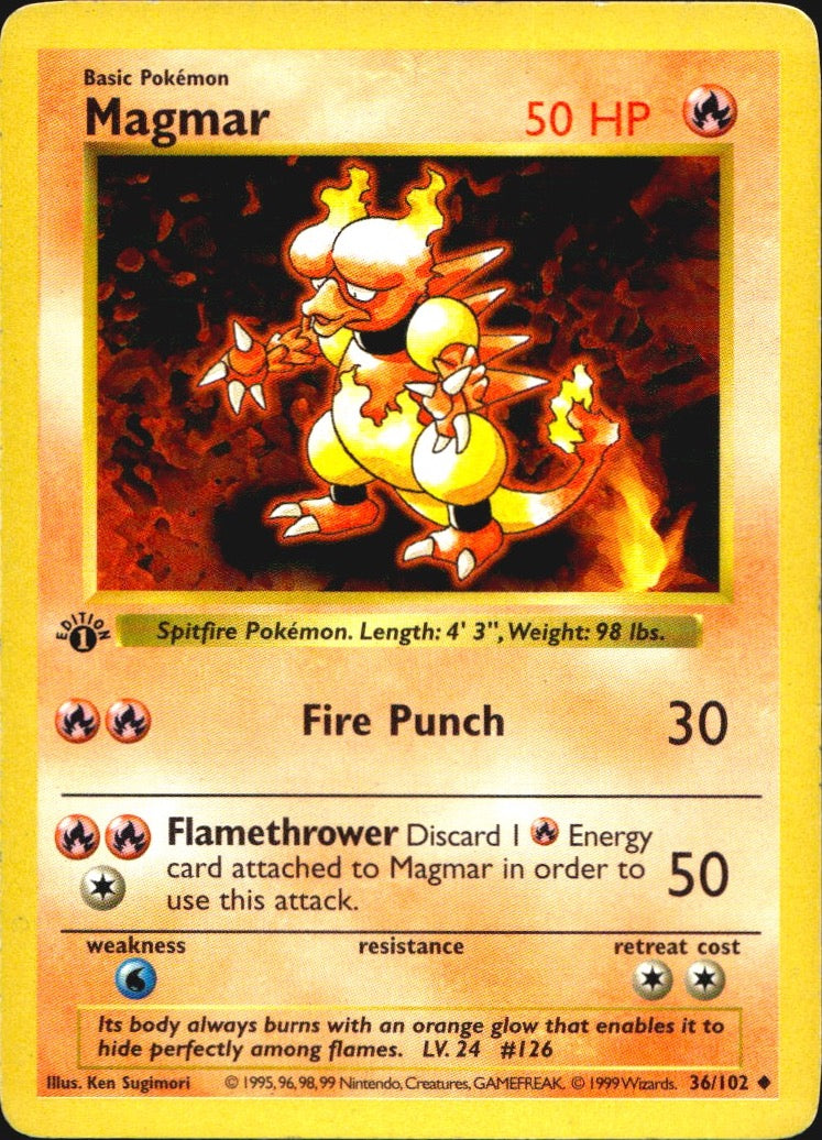 Magmar 36/102 Uncommon Base Set Shadowless Pokemon 1st Edition Moderately Played