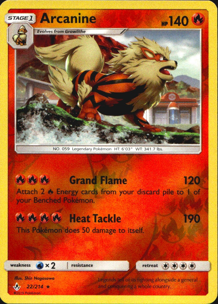 Arcanine 22/214 Holo Rare Unbroken Bonds Pokemon Reverse Holo Near Mint