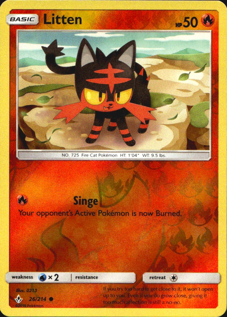 Litten 26/214 Common Unbroken Bonds Pokemon Reverse Holo Near Mint