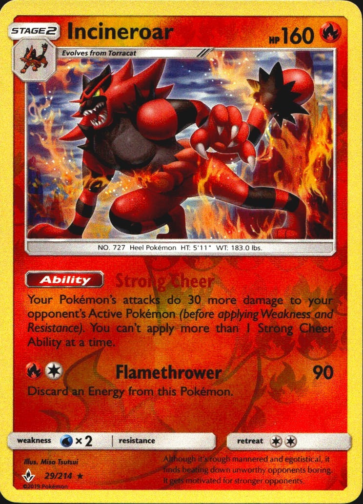 Incineroar 29/214 Rare Unbroken Bonds Pokemon Reverse Holo Near Mint