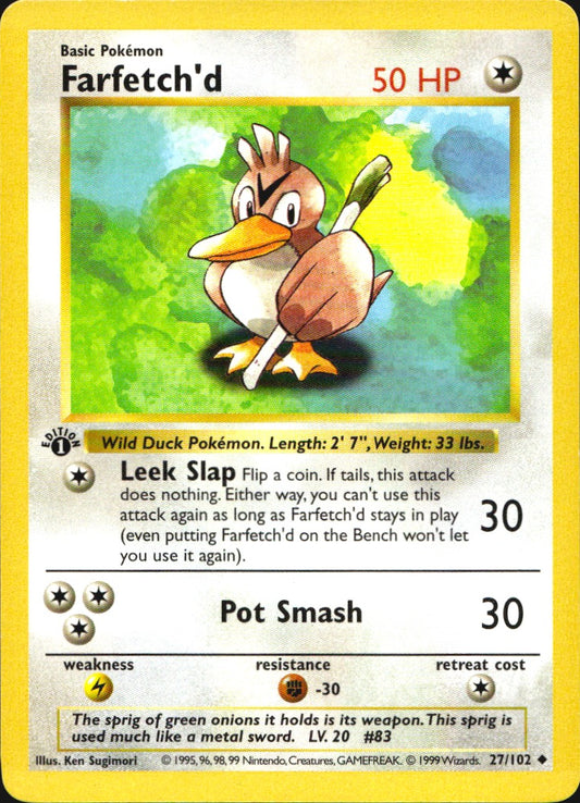 Farfetch'd 27/102 Uncommon Base Set Shadowless Pokemon 1st Edition LP