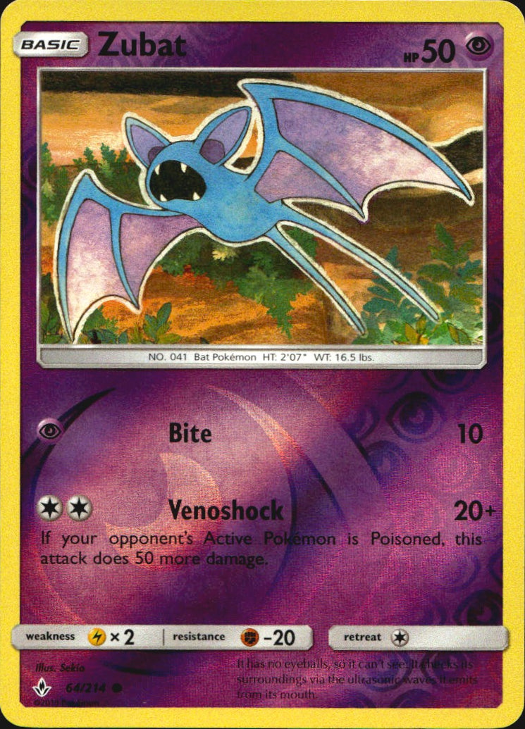 Zubat 64/214 Common Unbroken Bonds Pokemon Reverse Holo Near Mint