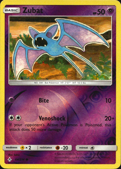 Zubat 64/214 Common Unbroken Bonds Pokemon Reverse Holo Near Mint