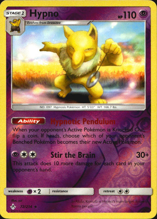 Hypno 72/214 Rare Unbroken Bonds Pokemon Reverse Holo Near Mint