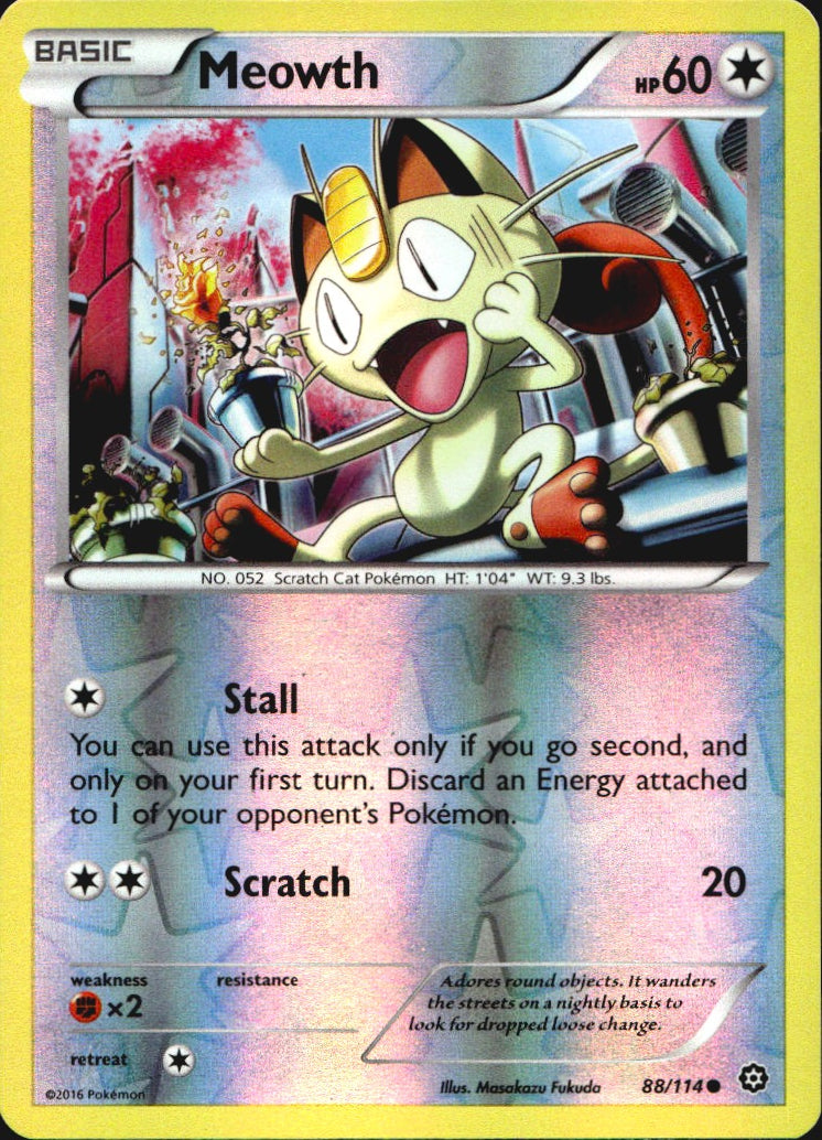 Meowth 88/114 Common Steam Siege Pokemon Reverse Holo Near Mint
