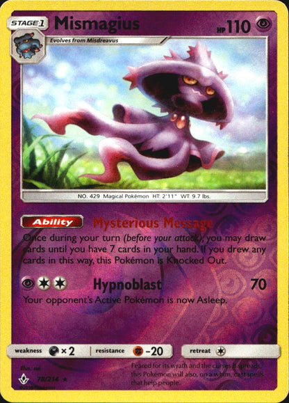Mismagius 78/214 Rare Unbroken Bonds Pokemon Reverse Holo Near Mint