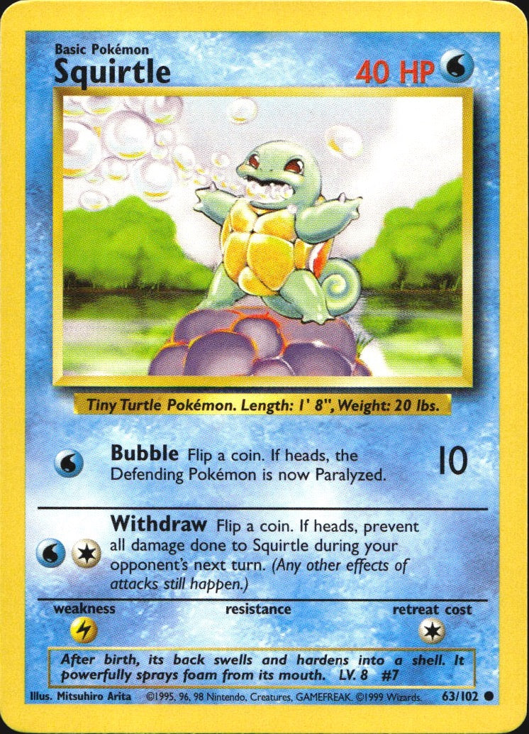 Squirtle 63/102 Common Base Set Unlimited Pokemon Near Mint
