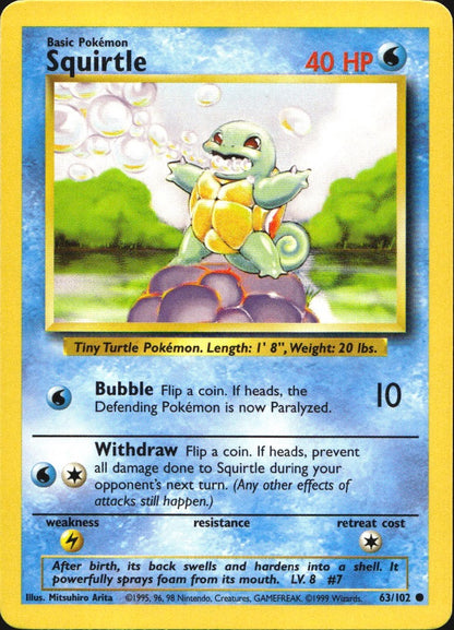 Squirtle 63/102 Common Base Set Unlimited Pokemon Near Mint