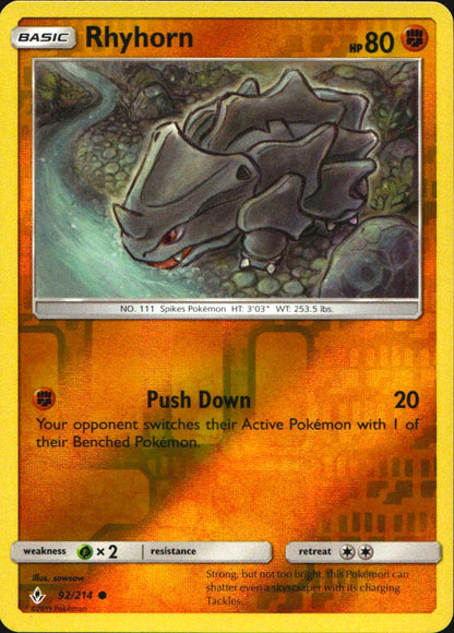 Rhyhorn 92/214 Common Unbroken Bonds Pokemon Reverse Holo Near Mint