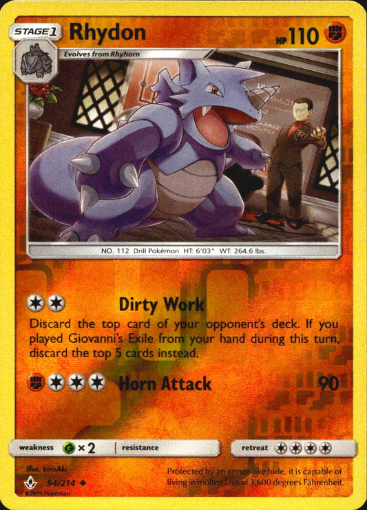 Rhydon 94/214 Uncommon Unbroken Bonds Pokemon Reverse Holo Near Mint