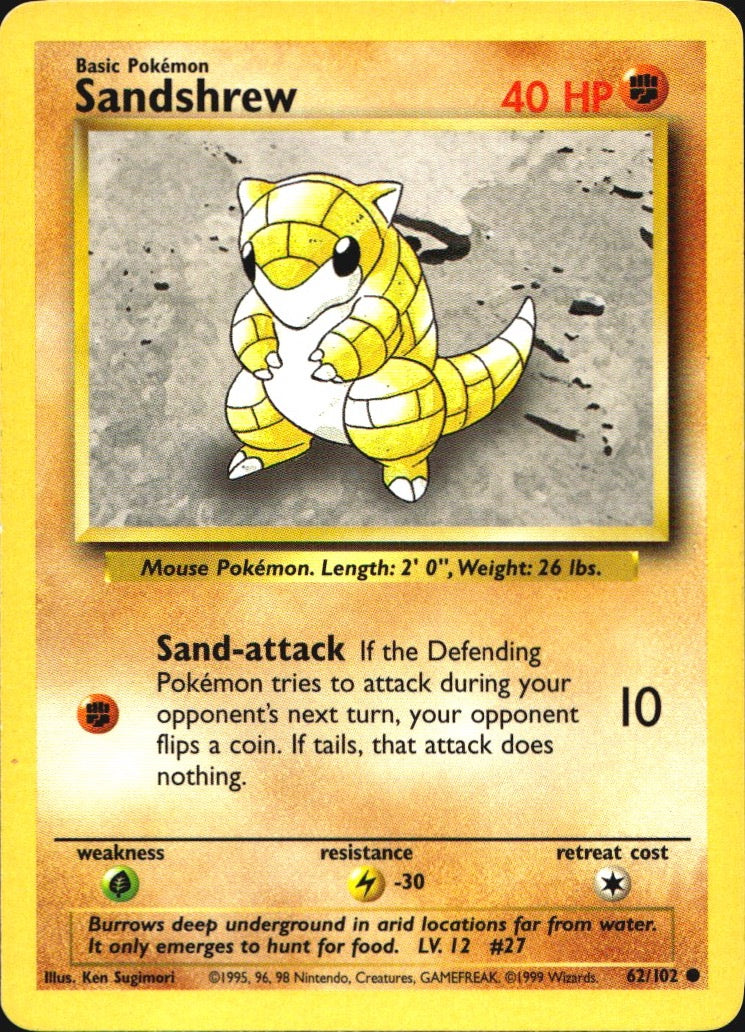 Sandshrew 62/102 Common Base Set Unlimited Pokemon Near Mint