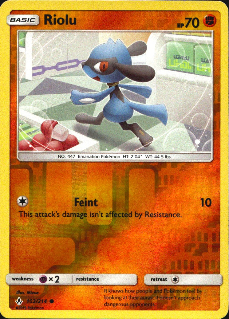 Riolu 102/214 Common Unbroken Bonds Pokemon Reverse Holo Near Mint