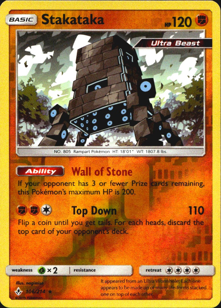 Stakataka 106/214 Holo Rare Unbroken Bonds Pokemon Reverse Holo Near Mint
