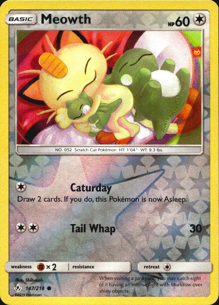 Meowth 147/214 Common Unbroken Bonds Pokemon Reverse Holo Near Mint