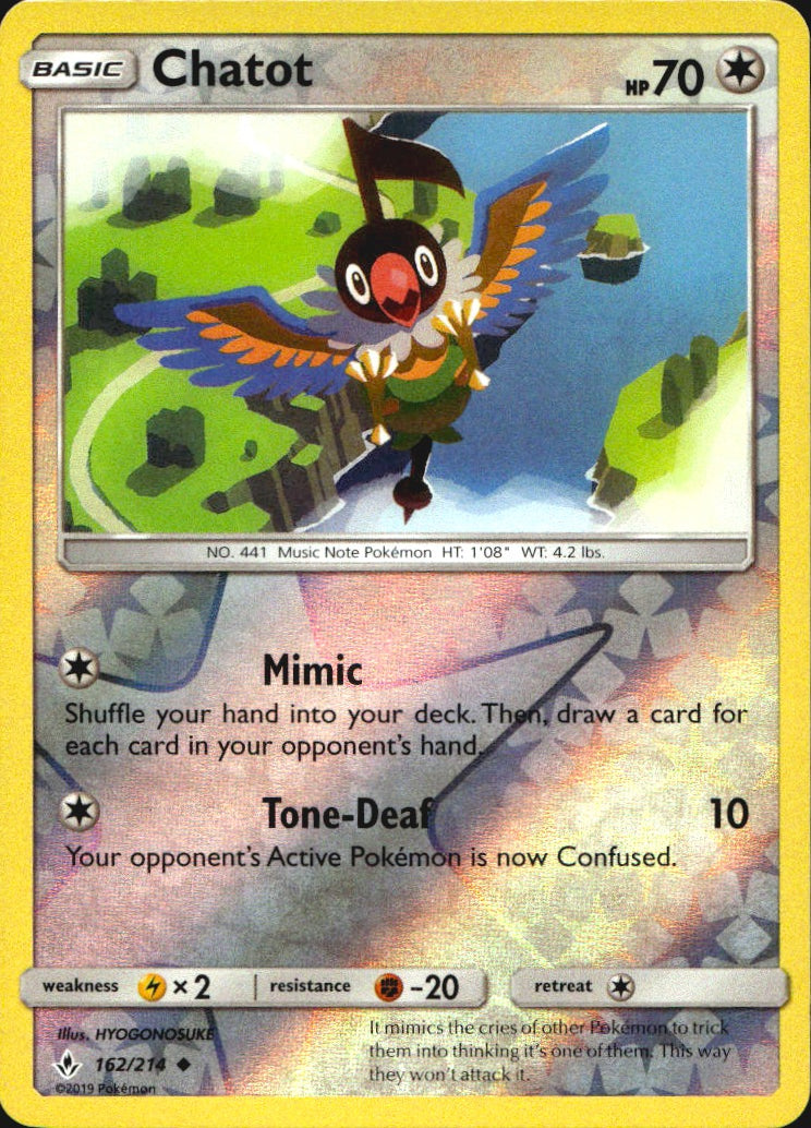 Chatot 162/214 Uncommon Unbroken Bonds Pokemon Reverse Holo Near Mint