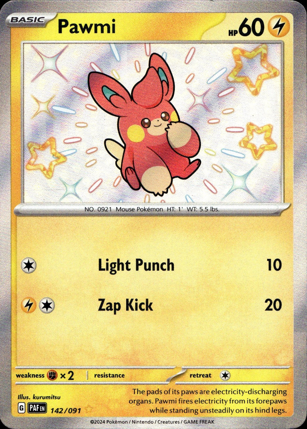 Pawmi 142/091 Shiny Rare Paldean Fates Pokemon Near Mint