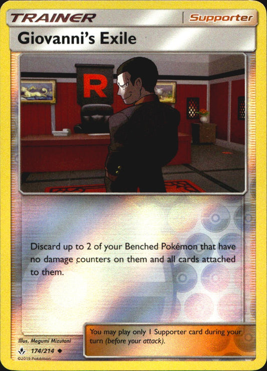 Giovanni's Exile 174/214 Uncommon Unbroken Bonds Pokemon Reverse Holo Near Mint