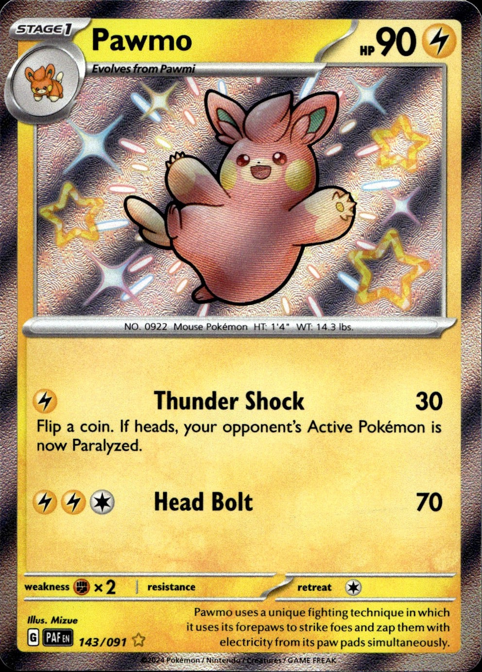 Pawmo 143/091 Shiny Rare Paldean Fates Pokemon Near Mint