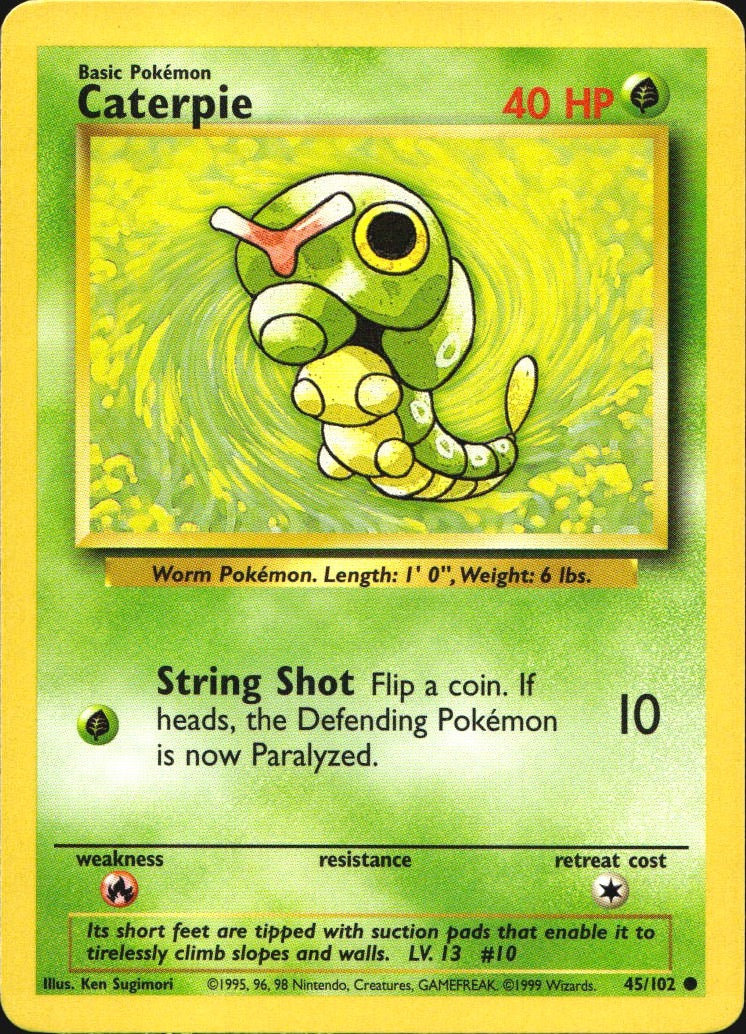 Caterpie 45/102 Common Base Set Unlimited Pokemon Near Mint