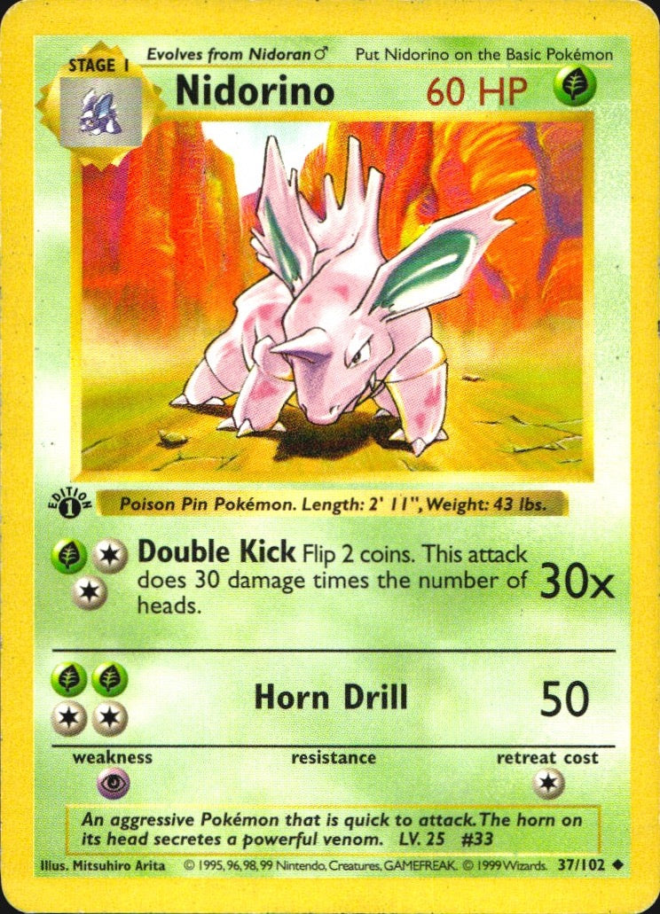 Nidorino 37/102 Uncommon Base Set Shadowless Pokemon 1st Edition MP